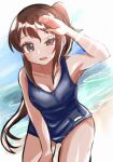  1girl bangs blush breasts brown_hair cleavage collarbone commentary_request genderswap genderswap_(mtf) half-closed_eye highres kyonko long_hair looking_at_viewer maritikaand one-piece_swimsuit open_mouth ponytail school_swimsuit small_breasts solo suzumiya_haruhi_no_yuuutsu sweat swimsuit 