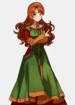  1girl blush breasts curly_hair dragon_quest dragon_quest_vii dress feet_out_of_frame green_eyes highres hood jewelry long_hair looking_at_viewer maribel_(dq7) orange_hair simple_background solo white_background 