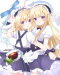  2girls bangs black_dress blonde_hair blue_ribbon blush buttons closed_mouth cup dress flower gochuumon_wa_usagi_desu_ka? hair_between_eyes highres holding_hands jinja_eru jinja_natsume leaf long_hair looking_at_viewer maid maid_headdress multiple_girls open_mouth plate puffy_short_sleeves puffy_sleeves purple_eyes ribbon ryoutan shirt short_hair short_sleeves simple_background smile tea teacup white_background white_shirt 