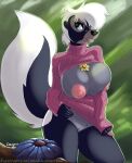  2017 anthro anthrofied bambi_(film) big_breasts black_body black_fur blue_eyes bluebelle bottomless bottomless_anthro bottomless_female breastless_clothing breasts clothed clothing disney female fluffy fluffy_tail front_view fur genitals hair lapinstein mammal mephitid nipples portrait pussy skunk solo sweater three-quarter_portrait topwear turtleneck_sweater white_hair 