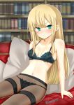  1girl absurdres aqua_eyes bangs bare_shoulders blonde_hair blue_bra blue_panties blush bookshelf bra breasts brown_legwear collarbone fate_(series) highres long_hair looking_at_viewer lord_el-melloi_ii_case_files navel panties pantyhose reines_el-melloi_archisorte seto_kyotaro sidelocks sitting small_breasts solo thighband_pantyhose thighs underwear 