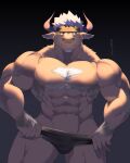  abs accessory anthro biceps body_hair bovid bovine brown_body brown_fur cattle chest_hair clothing eggplant_nacl fur hair headband hi_res horn lifewonders male mammal muscular muscular_anthro muscular_male pecs shennong solo speedo swimwear tokyo_afterschool_summoners video_games white_hair 