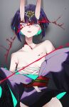  1girl absurdres bangs bare_shoulders blood bob_cut breasts collarbone eyeliner fate/grand_order fate_(series) headpiece highres horns japanese_clothes kimono long_sleeves looking_at_viewer makeup oni oni_horns open_mouth purple_eyes purple_hair purple_kimono san_(harutuki_3) sarashi short_hair shuten_douji_(fate) skin-covered_horns small_breasts solo wide_sleeves 