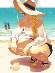  1boy 1girl bare_shoulders beach blonde_hair blue_eyes boxing_gloves braid cammy_white casual crop_top hat hat_over_one_eye highres horseshoe_crab luke_sullivan ocean pointing sandals scar scar_on_face short_shorts shorts smile squatting straw_hat street_fighter street_fighter_v toes underwater yuenibushi 