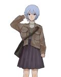  1girl alternate_costume ayanami_rei bag black_bag blue_hair brown_jacket casual dango_(uni_520) grey_background grey_sweater hair_between_eyes highres jacket light_blue_hair neon_genesis_evangelion open_clothes open_jacket open_mouth purple_skirt red_eyes ribbed_sweater short_hair simple_background skirt sleeves_past_wrists solo sweater turtleneck turtleneck_sweater 