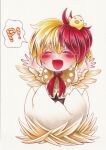  animal_on_head arms_up bird bird_on_head bird_tail bird_wings blonde_hair blush chibi chick closed_eyes dress eggshell feathered_wings highres multicolored_hair nemonadi nest niwatari_kutaka on_head open_mouth orange_dress red_hair shirt simple_background speech_bubble tail touhou traditional_media two-tone_hair white_shirt wings 