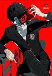  1boy amamiya_ren black_hair black_jacket btmr_game buttons calling_card chair commentary_request crossed_legs desk glasses grin handheld_game_console holding jacket long_sleeves looking_at_viewer male_focus mask nintendo_switch opaque_glasses pants persona persona_5 plaid plaid_pants red_background school_desk school_uniform shuujin_academy_uniform signature simple_background sitting smile solo 
