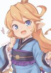  1girl :d blonde_hair blue_eyes blue_kimono charlotta_(granblue_fantasy) crown granblue_fantasy grey_background harvin heart japanese_clothes jingai_modoki kimono long_hair long_sleeves pointy_ears simple_background smile solo twitter_username 