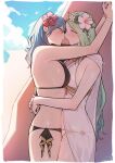  2girls arms_around_neck arms_around_waist bikini black_bikini blue_eyes blue_hair blush border breast_press breasts byleth_(fire_emblem) byleth_(fire_emblem)_(female) byleth_(summer)_(fire_emblem)_(female) cleavage cloud commentary_request day eye_contact fire_emblem fire_emblem:_three_houses fire_emblem_heroes flower from_side green_eyes green_hair hair_between_eyes hair_flower hair_ornament head_wreath hibiscus highres ikarin imminent_kiss large_breasts long_hair looking_at_another multiple_girls official_alternate_costume outdoors parted_lips pink_flower pointy_ears profile red_flower rhea_(fire_emblem) see-through sky sweat swimsuit symmetrical_docking very_long_hair white_bikini white_border yuri 