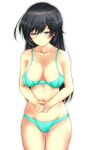  1girl ahoge bangs black_eyes black_hair blush bow bow_bra bow_panties bra breasts closed_mouth collarbone commentary commission cowboy_shot crotch_seam fantia_commission girls_und_panzer green_bra green_panties half-closed_eyes highres isuzu_hana large_breasts light_smile long_hair looking_away looking_down navel own_hands_together panties sato_(yuki0634) simple_background solo standing underwear underwear_only white_background 