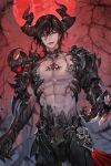  1boy abs armor brown_hair choker demon_boy demon_horns horns kuzuvine looking_at_viewer looking_down male_focus moon muscular official_art pontio_(saibai_shounen) red_eyes red_moon saibai_shounen second-party_source short_hair smile solo teeth topless_male 