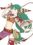  1girl aki_hiro breasts feena_(grandia) grandia grandia_i green_eyes green_hair hair_ornament hair_tubes highres jewelry long_hair looking_at_viewer low-tied_long_hair midriff navel necklace simple_background skirt solo thighhighs whip white_background wide_sleeves 