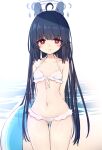  1girl ahoge arms_behind_back ass_visible_through_thighs bare_shoulders bikini black_hair blue_archive closed_mouth collarbone front-tie_bikini front-tie_top halo headgear highres innertube le_xue long_hair looking_at_viewer miyu_(blue_archive) navel red_eyes solo swimsuit thigh_gap transparent very_long_hair water white_background white_bikini 