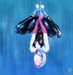  1girl amrrr hanging hood marvel rain signature skin_tight solo spider-gwen spider-man_(series) thighs upside-down web_address 