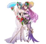  2girls absurdres ass bangs bare_shoulders bracelet braid breasts cleavage commentary_request fingernails fire_emblem fire_emblem_heroes flower full_body gold_trim green_hair hair_ornament halterneck hand_fan hand_up hat hibiscus high_heels highres holding instrument jewelry large_breasts leg_up lips loki_(fire_emblem) long_hair looking_at_viewer maeshima_shigeki midriff multiple_girls official_art purple_eyes purple_hair sarong seductive_smile see-through shiny shiny_hair simple_background single_braid smile straw_hat swimsuit thighs thorr_(fire_emblem) ukulele white_background 