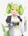  1girl allen.n apron choker dragon_girl dragon_horns duel_monster green_eyes highres holding horns maid maid_apron open_mouth orange_eyes parlor_dragonmaid puffy_sleeves slit_pupils tail teapot twintails wings yu-gi-oh! 