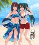  2girls alternate_costume ball bangs beach beachball bikini black_bikini blue_bikini blue_eyes blue_hair blue_sky braid breasts brown_hair cloud cloudy_sky cosplay costume_switch day enemy_naval_mine_(kancolle) floral_print furufuru_fugu green_eyes hair_between_eyes hair_ribbon isuzu_(kancolle) kantai_collection large_breasts long_hair multiple_girls nail_polish noshiro_(kancolle) ocean official_alternate_costume outdoors palm_tree ribbon sand shirt shorts sky smile swept_bangs swimsuit swimsuit_under_clothes tree twin_braids twintails v water white_shirt 