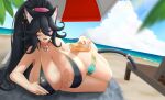  1girl adjusting_clothes adjusting_swimsuit animal_ears areola_slip beach beach_towel beach_umbrella bikini black_bikini black_hair breasts cat_ears cat_girl cat_tail chair dutch_angle ear_piercing hair_between_eyes heterochromia high_ponytail highres large_areolae last_origin lifebuoy_ornament long_hair lotion lounge_chair lying micro_bikini mole mole_on_breast mole_under_mouth ocean on_side open_mouth piercing poi_(last_origin) purple_eyes smile solo sunscreen swimsuit tail thighlet towel umbrella very_long_hair xiao_(gensou8953) yellow_eyes 