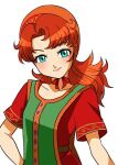  1girl blue_eyes breasts closed_mouth curly_hair dragon_quest dragon_quest_vii hood long_hair looking_at_viewer maribel_(dq7) orange_hair simple_background smile solo white_background yutsuki_l 