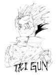  1boy closed_mouth copyright_name decided_218 earrings glasses grey_background greyscale hair_slicked_back jewelry male_focus mole mole_under_eye monochrome round_eyewear simple_background single_earring sketch smile solo spiked_hair trigun upper_body vash_the_stampede 