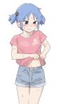  1girl bangs blue_eyes blue_hair blue_shorts blush casual commentary_request hair_cubes hair_ornament highres naganohara_mio navel nichijou ookiiayu red_shirt shirt short_hair short_shorts short_sleeves short_twintails shorts simple_background solo sweat twintails white_background 