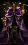  1boy absurdres aono_0535 black_eyes black_hair cape closed_mouth commentary crown desha_(ousama_ranking) english_commentary facial_hair fingernails frown full_body globus_cruciger highres king long_hair looking_at_viewer male_focus mustache ousama_ranking purple_cape scepter sharp_fingernails solo standing twitter_username 