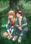  1boy 1girl black_legwear blue_eyes brown_hair cat closed_eyes collarbone crossed_ankles denim forest grass green_jacket head_rest highres ikari_shinji jacket jeans kazumiminagawa long_hair looking_at_viewer nature neon_genesis_evangelion pants red_shirt shirt shoes sitting sneakers souryuu_asuka_langley sweat tree white_footwear white_shirt 