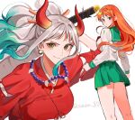  2girls artist_name commentary cosplay curled_horns earrings gradient_hair green_hair hair_ornament higurashi_kagome higurashi_kagome_(cosplay) horns inuyasha inuyasha_(character) inuyasha_(character)_(cosplay) japanese_clothes jewelry joman long_hair looking_at_viewer multicolored_hair multicolored_horns multiple_girls nami_(one_piece) necklace one_piece oni orange_eyes orange_hair school_uniform simple_background sketch sword tetsusaiga twitter_username weapon white_background white_hair yamato_(one_piece) yellow_eyes 