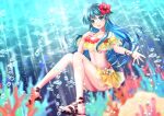  1girl :d absurdres aqua_eyes aqua_hair bangs bikini bracelet eirika_(fire_emblem) fire_emblem fire_emblem:_the_sacred_stones fire_emblem_heroes fish flower full_body hair_flower hair_ornament highres jewelry kakiko210 long_hair looking_at_viewer necklace official_alternate_costume open_mouth red_bikini sidelocks smile solo swimsuit underwater yellow_bikini 