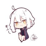  1girl :3 ahoge beni_shake black_jacket chibi fate/grand_order fate_(series) hair_between_eyes hand_on_own_knee jacket jeanne_d&#039;arc_(fate) jeanne_d&#039;arc_alter_(fate) looking_at_viewer short_hair signature simple_background solo white_background white_hair yellow_eyes 