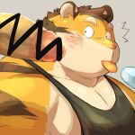  1:1 2022 anthro ayame42612 blush bodily_fluids censored clothing erection felid genitals kemono male male/male mammal musclegut pantherine penis shirt simple_background solo solo_focus surprise sweat tiger tongue tongue_out topwear 