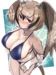  1girl alternate_breast_size bangs bare_shoulders bikini bird_girl bird_tail bird_wings blue_bikini blue_swimsuit blush breasts brown_eyes brown_hair closed_mouth collarbone covered_nipples eurasian_eagle_owl_(kemono_friends) from_above grey_hair hair_between_eyes head_wings highres huge_breasts kemono_friends long_sleeves looking_at_viewer multicolored_hair nose_blush off_shoulder owl_ears owl_girl shibori_kasu sketch sleeves_past_wrists solo stomach swimsuit tail water wet wings 