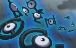  black_eyes blurry closed_eyes commentary_request film_grain floating glowing half-closed_eye looking_at_another naoki_eguchi no_humans pokemon pokemon_(creature) unown 