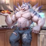  absurd_res bandai_namco biceps big_muscles bulge clothed clothing digimon digimon_(species) ear_piercing food fruit hi_res kitchen looking_at_viewer male muscular navel nipples pecs physen piercing plant scar solo strawberry topless torn_clothing waffle weregarurumon 
