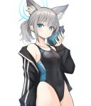  1girl absurdres animal_ear_fluff animal_ears bangs black_jacket black_swimsuit blue_archive blue_eyes bottle breasts competition_swimsuit covered_navel cowboy_shot cross_hair_ornament extra_ears grey_hair hair_ornament halo highleg highleg_swimsuit highres jacket looking_at_viewer low_ponytail medium_breasts medium_hair mismatched_pupils multicolored_clothes multicolored_swimsuit one-piece_swimsuit open_clothes open_jacket shiroko_(blue_archive) shiroko_(swimsuit)_(blue_archive) solo sookmo swimsuit water_bottle 