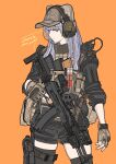  1girl ak-47 ammunition_pouch animal_ear_headwear assault_rifle bulletproof_vest escape_from_tarkov gloves glowstick gun hat headset kalashnikov_rifle long_hair looking_at_viewer orange_background orange_eyes original pouch rifle scope shorts signature sleeves_rolled_up takao02 thighhighs trigger_discipline weapon white_hair 