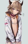  ... 1boy ahoge animal_print arknights bell bikini bikini_top_only bison_(arknights) brown_eyes brown_hair closed_mouth collar cow_print crossdressing duplicate grey_background jacket long_sleeves looking_at_viewer neck_bell otoko_no_ko ox_ears ox_horns pectorals pixel-perfect_duplicate short_hair simple_background solo swimsuit white_bikini white_jacket yoruhachi 