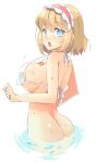  1girl alice_margatroid arnest ass bare_shoulders bikini blonde_hair blue_eyes blush breasts commentary_request from_behind highres looking_at_viewer looking_back open_mouth shiny shiny_hair shiny_skin solo surprised sweat sweatdrop swimsuit touhou white_bikini white_headwear white_swimsuit 