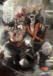  2boys abs bakugou_katsuki black_gloves black_pants black_shirt blonde_hair blood blood_on_clothes blood_on_face blood_on_hands boku_no_hero_academia boots clenched_teeth domino_mask gloves highres injury knee_pads large_pectorals male_focus mask midoriya_izuku multiple_boys muscular muscular_male navel nipples no-kan open_mouth pants pectorals red_eyes red_hair shirt short_hair spiked_hair squatting teeth torn_clothes vambraces 