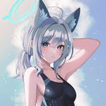  1girl ahoge animal_ear_fluff animal_ears arm_behind_head arm_up bare_arms blue_archive blue_eyes blush breasts bright_pupils cleavage collarbone cross_hair_ornament doongdang glint grey_hair hair_between_eyes hair_ornament halo highres medium_breasts mismatched_pupils one-piece_swimsuit shiroko_(blue_archive) shiroko_(swimsuit)_(blue_archive) sky solo swimsuit unfinished upper_body wet white_pupils 