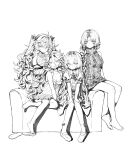  4girls absurdres bangs barefoot braid closed_mouth couch dress greyscale hair_between_eyes hands_on_another&#039;s_shoulders highres leon_v long_hair looking_at_viewer monochrome multiple_girls on_chair open_mouth original shoes short_sleeves sitting sketch sleeveless sweater twintails 