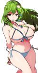  1girl absurdres alternate_costume bikini breasts cleavage green_eyes green_hair highres kochiya_sanae large_breasts long_hair navel simple_background single_sidelock solo swimsuit tarbo_(exxxpiation) touhou white_background 