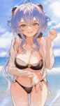  1girl absurdres ahoge ass_visible_through_thighs bangs bikini black_bikini blue_sky blurry blurry_background breasts cleavage cloud cloudy_sky cowboy_shot crossed_bangs day ganyu_(genshin_impact) genshin_impact goat_horns grin hair_between_eyes hand_up highres horns large_breasts lens_flare long_hair long_sleeves navel o-ring o-ring_bikini off_shoulder open_clothes open_shirt purple_hair see-through see-through_shirt sidelocks sky smile solo sparkle sunlight swimsuit teeth thighs utsuhostoria wet 