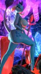  4k 9:16 absurd_res anthro areola big_butt blue_body blue_scales breasts butt crystal curled_horns dragon friendship_is_magic hasbro hi_res high_heels high_heels_only horn looking_at_viewer low-angle_view lucy_moon my_little_pony nipples non-mammal_breasts non-mammal_nipples princess_ember_(mlp) red_eyes rock scales solo staff 