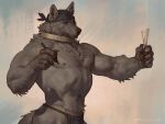  2022 4:3 anthro bandanna barazoku biceps big_muscles black_body black_fur bottomwear canid canine canis chain claws clothed clothing collar colored detailed fur grey_background headkerchief hi_res holding_object huge_muscles kerchief loincloth looking_at_viewer male mammal muscular muscular_anthro muscular_male navel nipples obliques paper pecs pen shaded shadow simple_background small_waist solo standing taran_fiddler topless topless_anthro topless_male tuft were werecanid werecanine werewolf whiskers wolf 