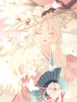  1girl bug butterfly closed_eyes closed_mouth facial_mark flower glowing_butterfly hair_ornament hat hat_flower highres japanese_clothes kimono light_particles light_rays long_hair onmyoji semi-transparent shiranui_(onmyoji) solo upper_body white_butterfly white_hair xingcha883 
