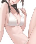  1girl bikini bikini_tug breasts brown_hair cleavage close-up head_out_of_frame knees_up kuen_(kuennn12) medium_breasts midriff navel original round_teeth simple_background smile swimsuit teeth white_background white_bikini 