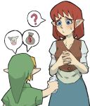  1boy 1girl ? anju blonde_hair blue_eyes blue_skirt blush bottle brown_vest collarbone cow green_tunic hat highres interlocked_fingers link medium_hair own_hands_together pantsu-ripper pointy_ears pointy_hat red_hair rupee simple_background skirt sweatdrop the_legend_of_zelda the_legend_of_zelda:_ocarina_of_time tunic vest young_link 
