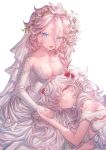  2girls absurdres blue_eyes blue_nails breasts cleavage closed_mouth dress flower hair_flower hair_ornament hair_over_one_eye highres holding_hands lap_pillow leon_v long_hair looking_at_another medium_breasts multiple_girls one_eye_covered open_mouth original pink_eyes pink_hair wedding_dress white_background white_hair 