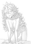  1girl absurdres arm_support breasts greyscale hair_between_eyes highres leon_v long_hair looking_at_viewer medium_breasts monochrome navel nude open_mouth original sketch solo 